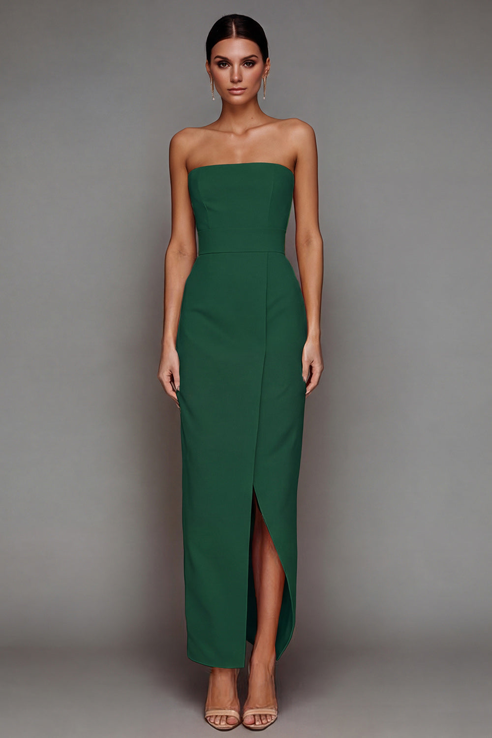 Yellow Satin Strapless Sheath Long Formal Dress with Slit