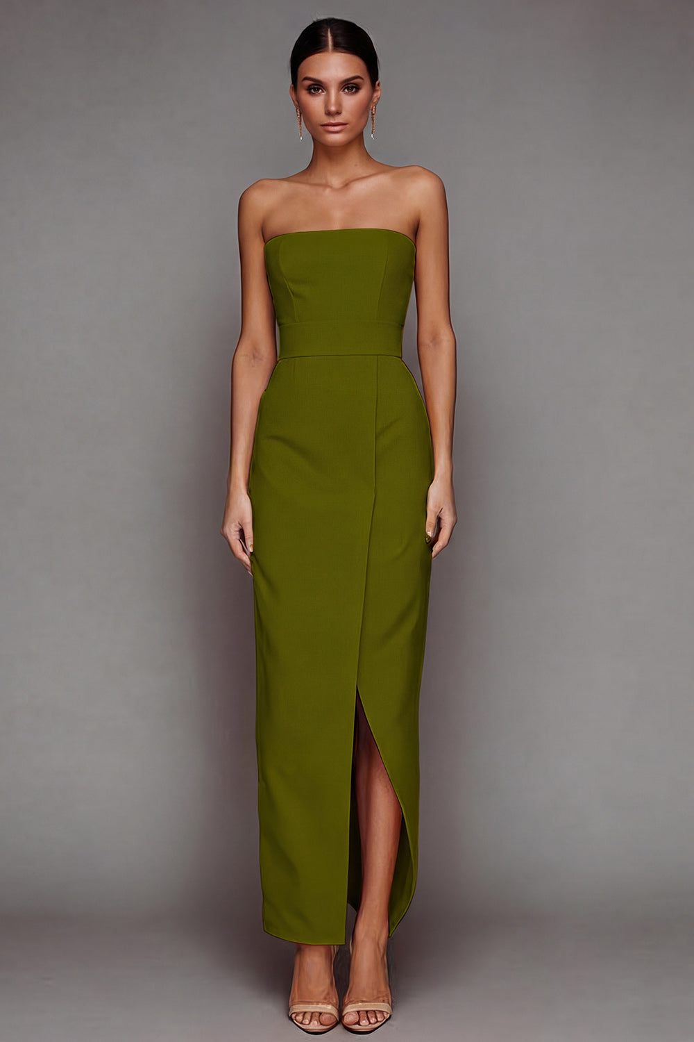Yellow Satin Strapless Sheath Long Formal Dress with Slit