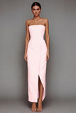 Yellow Satin Strapless Sheath Long Formal Dress with Slit