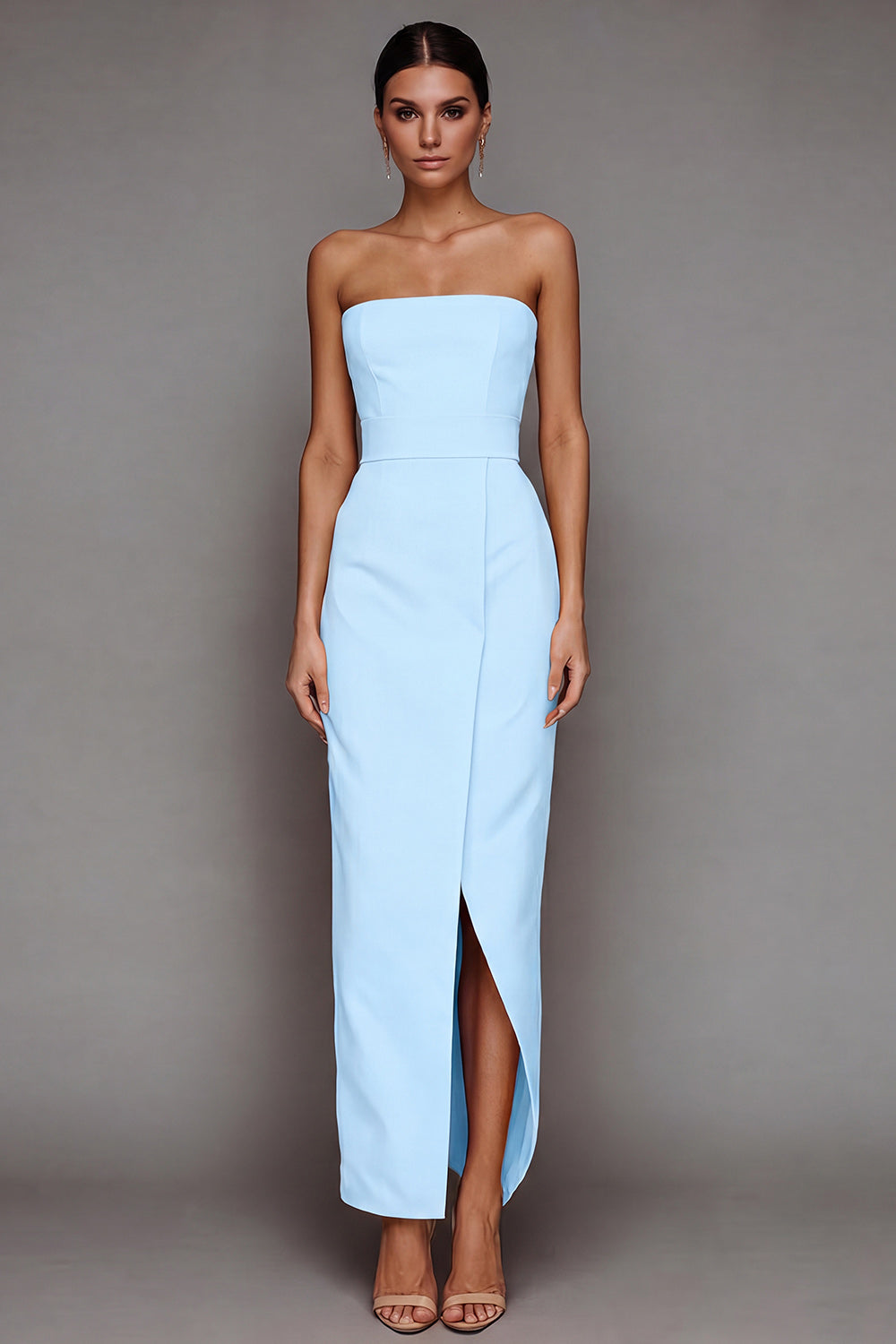 Yellow Satin Strapless Sheath Long Formal Dress with Slit