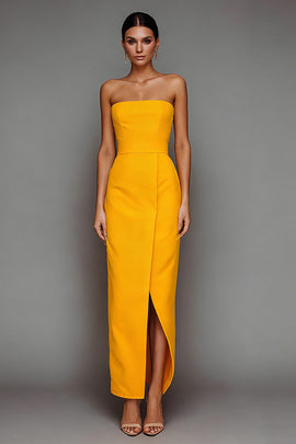 Yellow Satin Strapless Sheath Long Formal Dress with Slit