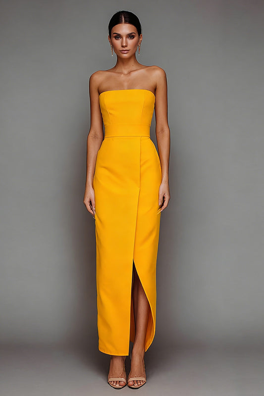 Yellow Satin Strapless Sheath Long Formal Dress with Slit