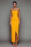 Yellow Satin Strapless Sheath Long Formal Dress with Slit