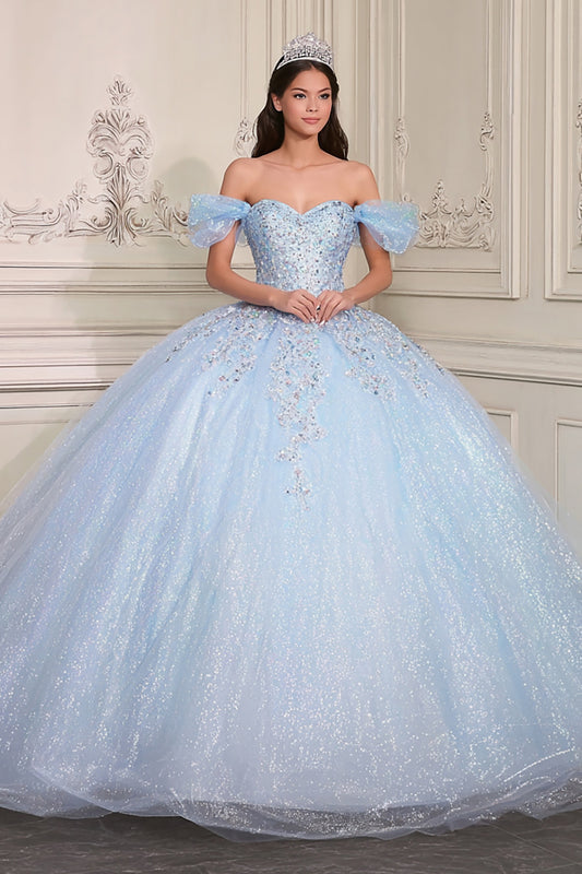Sparkly Sky Blue Beaded Ball Gown Long Quinceanera Dress
