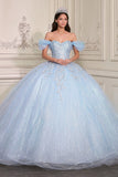 Sparkly Sky Blue Beaded Ball Gown Long Quinceanera Dress