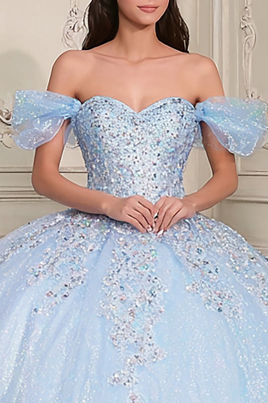 Sparkly Sky Blue Beaded Ball Gown Long Quinceanera Dress