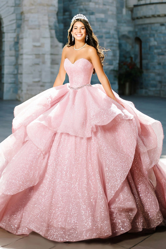Sparkly Pink Glitter Ball Gown Long Quinceanera Dress with Beading