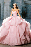 Sparkly Pink Glitter Ball Gown Long Quinceanera Dress with Beading