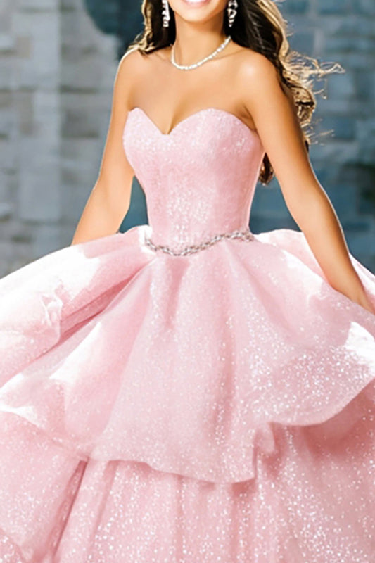 Sparkly Pink Glitter Ball Gown Long Quinceanera Dress with Beading