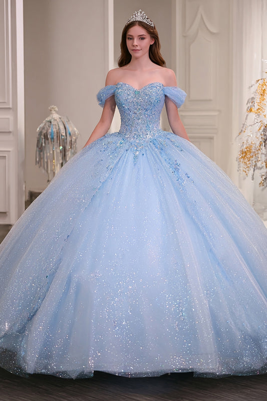 Sparkly Princess Sky Blue Ball Gown Beaded Long Quinceanera Dress
