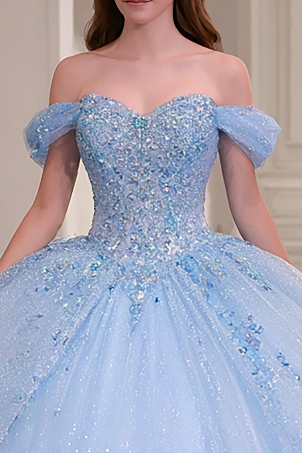 Sparkly Princess Sky Blue Ball Gown Beaded Long Quinceanera Dress