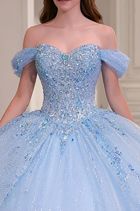 Sparkly Princess Sky Blue Ball Gown Beaded Long Quinceanera Dress