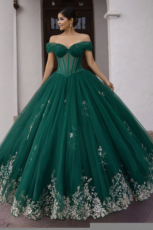 Sparkly Dark Green Lace Ball Gown Tulle Long Corset Quinceanera Dress