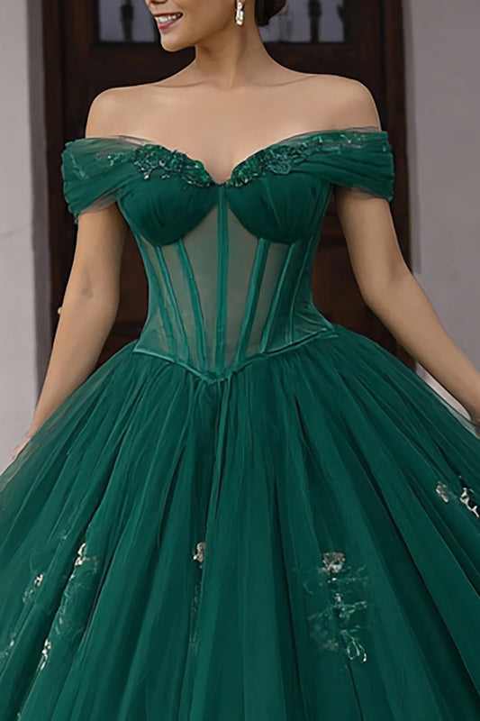 Sparkly Dark Green Lace Ball Gown Tulle Long Corset Quinceanera Dress