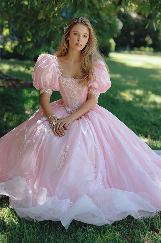 Pink Square Neck Ball Gown Long Quinceanera Dress with Lace