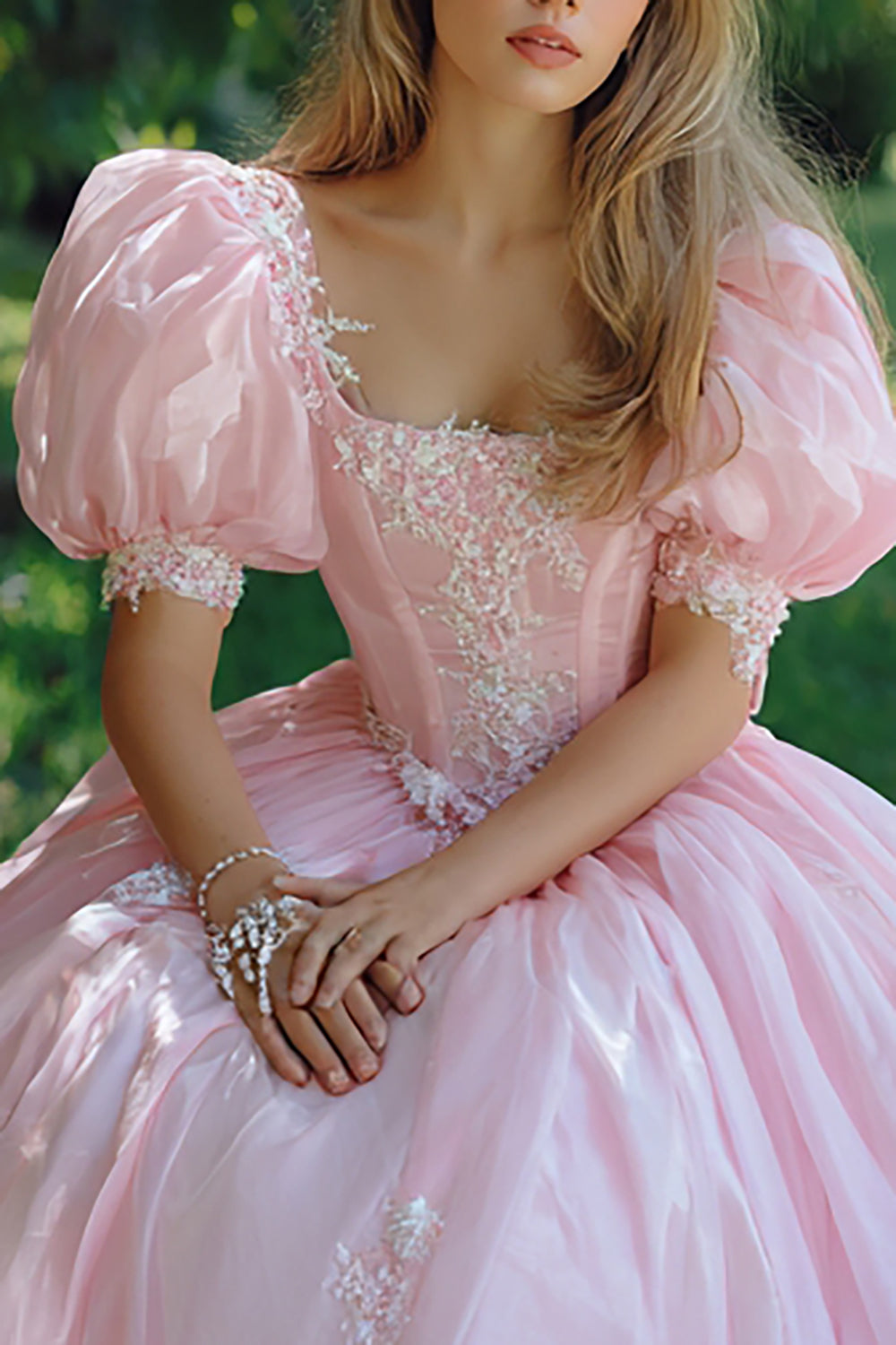 Pink Square Neck Ball Gown Long Quinceanera Dress with Lace