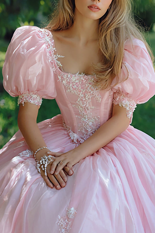 Pink Square Neck Ball Gown Long Quinceanera Dress with Lace