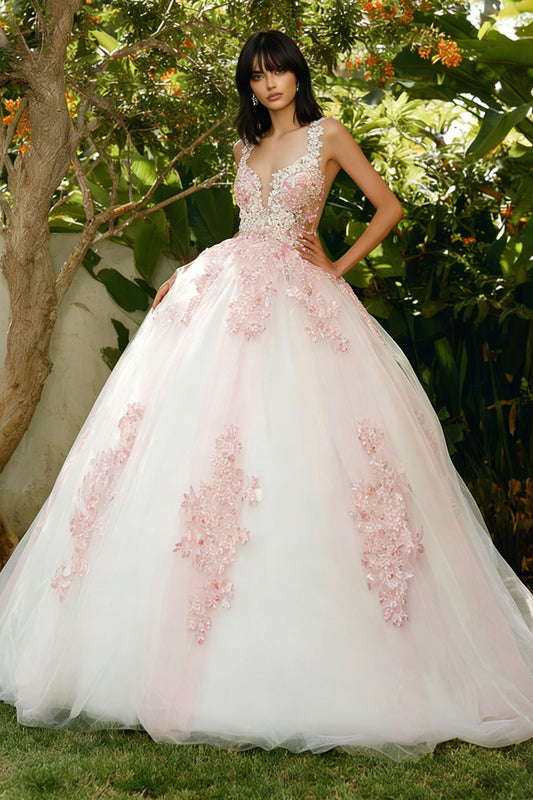 Pink Tulle Spaghetti Straps Ball Gown Long Quinceanera Dress with Lace