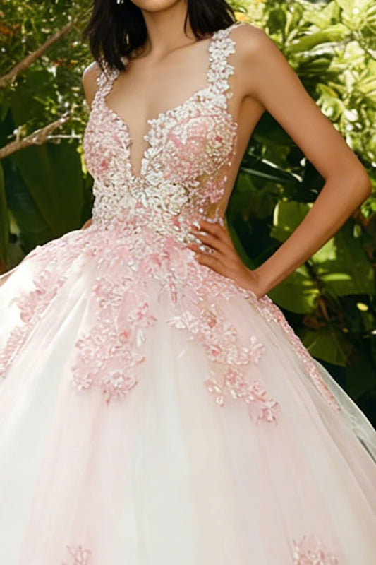 Pink Tulle Spaghetti Straps Ball Gown Long Quinceanera Dress with Lace