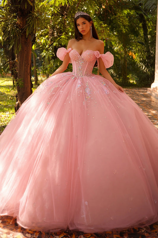 Pink Tulle Off the Shoulder Ball Gown Long Quinceanera Dress with Sequin