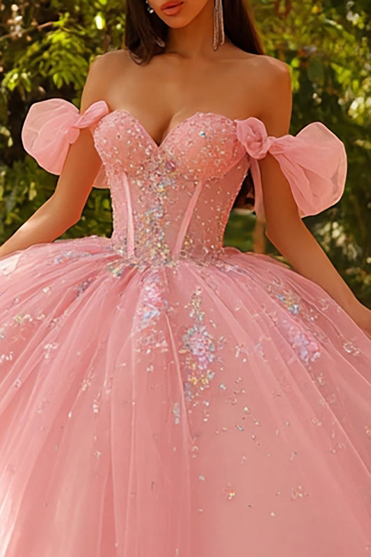 Pink Tulle Off the Shoulder Ball Gown Long Quinceanera Dress with Sequin