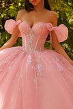 Pink Tulle Off the Shoulder Ball Gown Long Quinceanera Dress with Sequin
