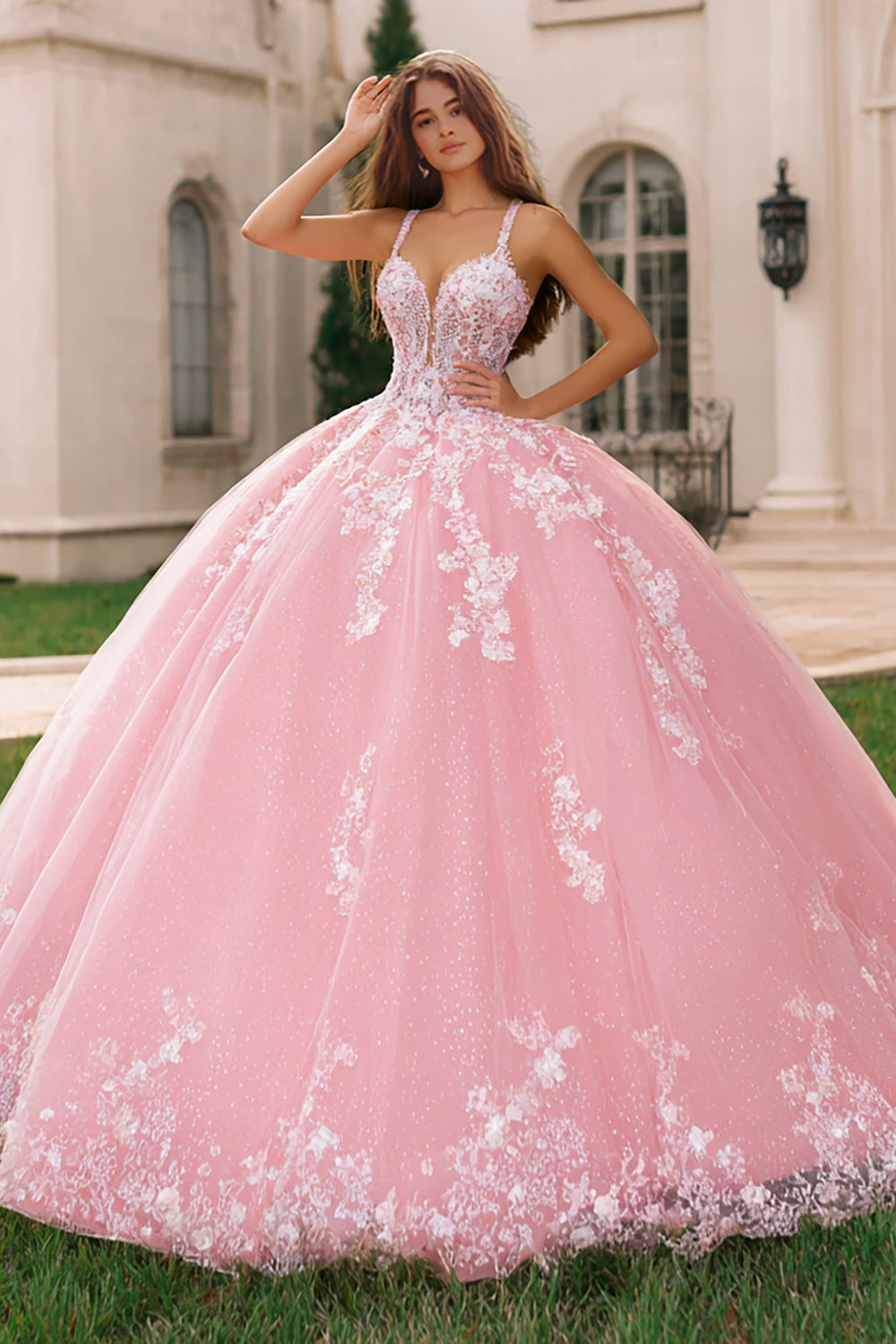 Floral Pink Tulle Ball Gown Long Quinceanera Dress with Lace