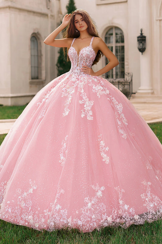 Floral Pink Tulle Ball Gown Long Quinceanera Dress with Lace