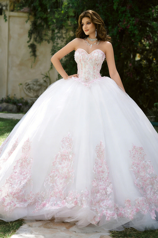 Floral Ivory Tulle Sweetheart Ball Gown Long Quinceanera Dress