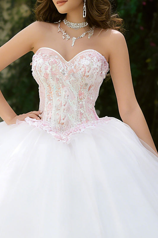 Floral Ivory Tulle Sweetheart Ball Gown Long Quinceanera Dress