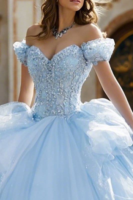 Sparkly Sky Blue Glitter Ball Gown Long Quinceanera Dress