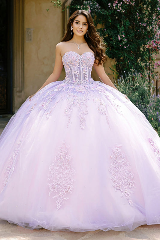 Zapakasa Women Lilac Tulle Ball Gown Long Corset Quinceanera Dress with  Appliques Floral Sweetheart Princess Sweet 16 Dress