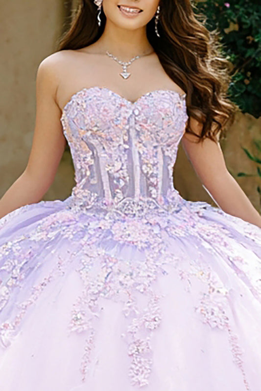 Lilac Ball Gown Sweetheart Long Corset Quinceanera Dress with Appliques