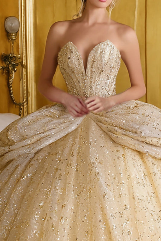 Sparkly Gold Sequin Ball Gown Sweetheart Long Corset Quinceanera Dress