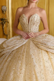Sparkly Gold Sequin Ball Gown Sweetheart Long Corset Quinceanera Dress