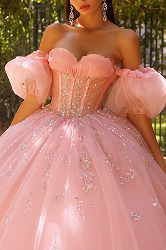 Pink Tulle Ball Gown Off the Shoulder Long Corset Quinceanera Dress