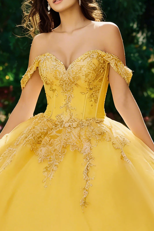 Yellow Tulle Ball Gown Off the Shoulder Long Corset Quinceanera Dress
