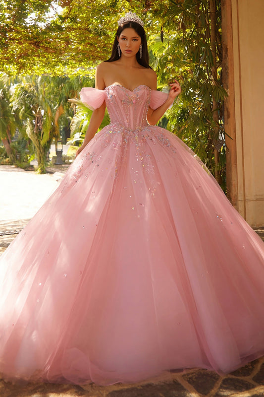 Pink Tulle Princess Off the Shoulder Long Corset Quinceanera Dress