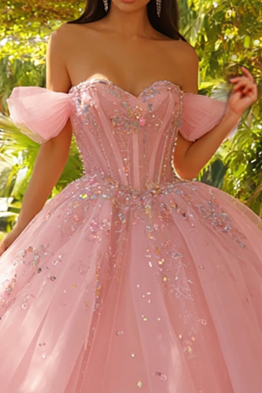 Pink Tulle Princess Off the Shoulder Long Corset Quinceanera Dress