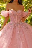 Pink Tulle Princess Off the Shoulder Long Corset Quinceanera Dress