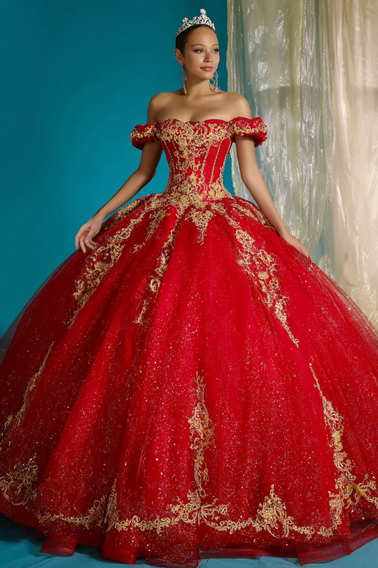 Red Tulle Princess Off the Shoulder Long Quinceanera Dress