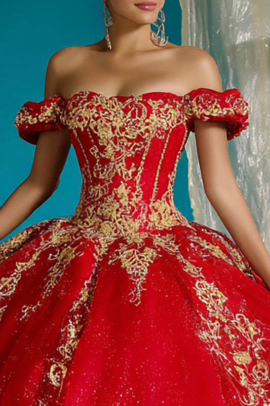 Red Tulle Princess Off the Shoulder Long Quinceanera Dress