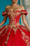 Red Tulle Princess Off the Shoulder Long Quinceanera Dress