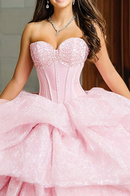 Sparkly Pink Glitter Princess Sweetheart Long Corset Quinceanera Dress