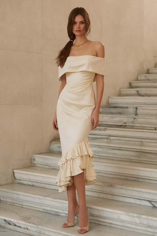 Ivory Satin Mermaid Tiered Ruffled Midi Engagement Dress