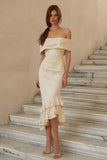 Ivory Satin Mermaid Tiered Ruffled Midi Engagement Dress