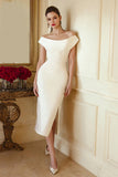 Ivory Satin Bodycon Off the Shoulder Midi Engagement Dress with Slit