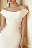 Ivory Satin Bodycon Off the Shoulder Midi Engagement Dress with Slit