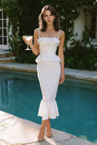 White Satin Mermaid Spaghetti Straps Midi Engagement Dress with Ruffles