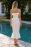 White Satin Mermaid Spaghetti Straps Midi Engagement Dress with Ruffles